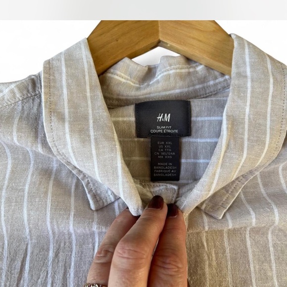 |H&M| Cream White Striped Button-up Linen Cotton Blend Slim-Fit 2XL - Picture 2 of 8